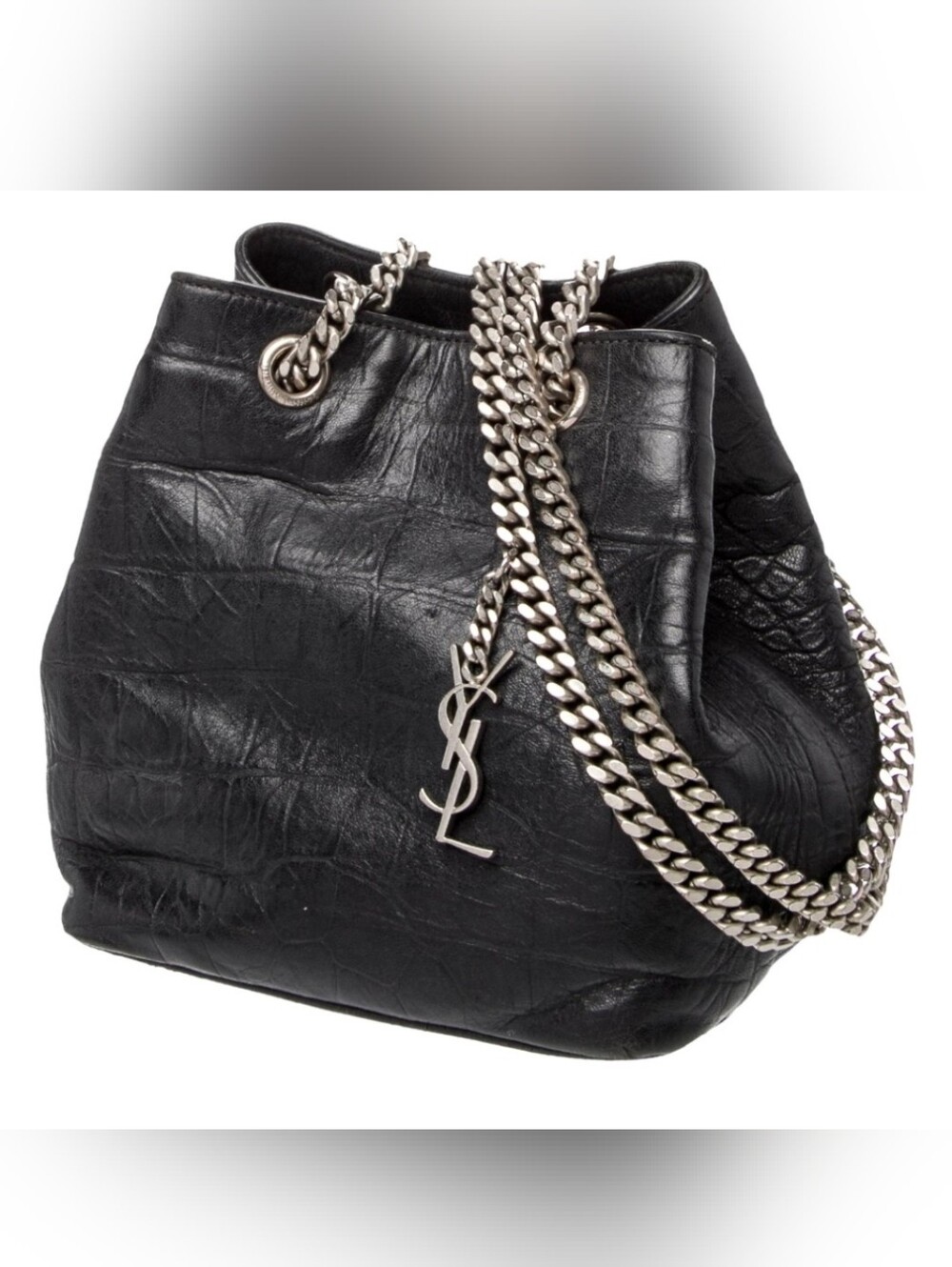Saint Laurent Black Leather Drawstring Bucket Bag with Silver Chain